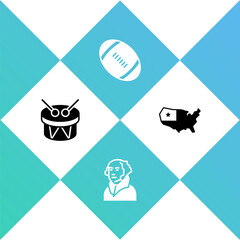 Set Drum and drum sticks, George Washington, American Football ball and USA map icon. Vector