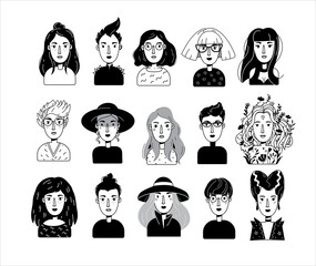 Vector women characters portrait set. Female avatar faces. Girls icons in outline black and white doodle style.
