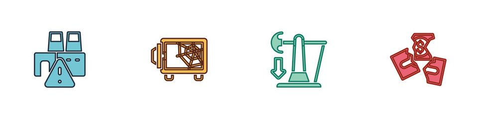 Set Shutdown of factory, Safe, Drop in crude oil price and Tearing money banknote icon. Vector
