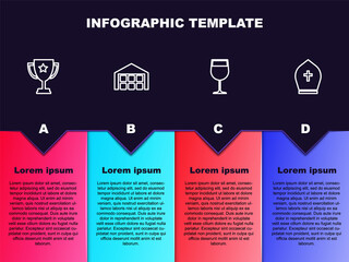 Set line Trophy cup, Warehouse, Wine glass and Pope hat. Business infographic template. Vector