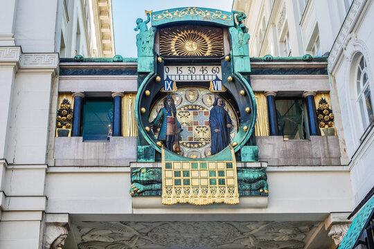 Anker clock (Ankeruhr) in Hoher Markt - famous old astronomical clock in Vienna, Austria. Anker clock represents a typical Art Nouveau design.