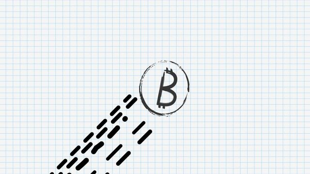 Flying drawn bitcoin. Hand-drawn bitcoin.
