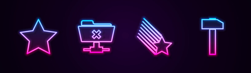 Set line Star, FTP cancel operation, Falling star and Hammer. Glowing neon icon. Vector