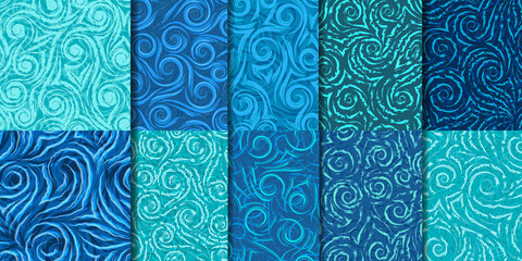 Set of 10 seamless vector patterns of spirals, waves and corners.Abstract seamless texture of curls and flowing lines and shapes.A collection of patterns of a marine theme from spirals and swirl.