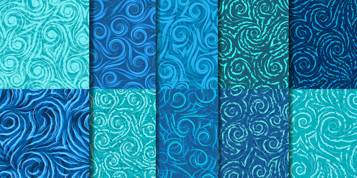 Set of 10 seamless vector patterns of spirals, waves and corners.Abstract seamless texture of curls and flowing lines and shapes.A collection of patterns of a marine theme from spirals and swirl.