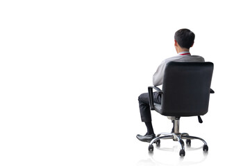 Back view of young  businessman sitting at the chair thinking  on white or isolated background ,...