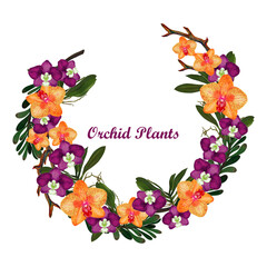 Template wreath circle Greeting invitation elegant floral Orchid pink mauve orange blossom foliage bouquet leaves watercolor illustration © HoyaBouquet