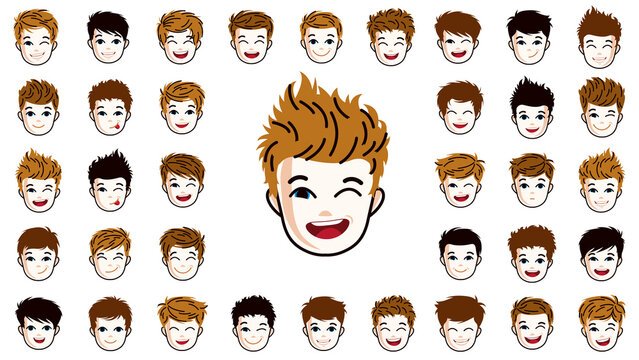 Pretty child boy faces and hairstyles heads vector illustrations set isolated on white background, early teenager kid happy attractive beautiful faces avatars collection with different haircuts.