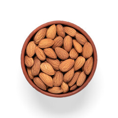 Almonds in a bowl isolated on a white background. Top view. Healthy food concept.