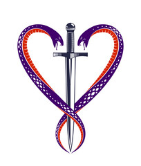 Fototapeta na wymiar Dagger and two snakes in a shape of heart vector vintage style emblem or logo, chivalry love and honor concept, medieval Victorian style.