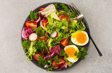 Delicious healthy breakfast, mix salad with tomatoes, radishes and boiled egg, top view