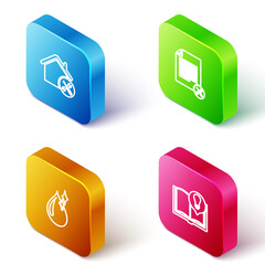 Set Isometric line House service, File document, Clean water drop and Interesting facts icon. Vector