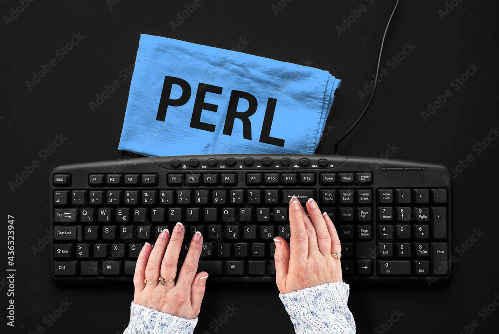 Poster perl programing language. woman hands on pc keyboard and word perl on rag