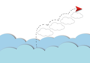 Red arrow rising step up the clouds as metaphor for business and financial growth, Success and financial developing, Business concept, space for the text. paper cut design style.