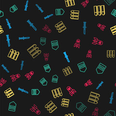 Set line Military knife, Chevron, Bullet and Biohazard bomb on seamless pattern. Vector