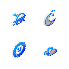 Set Isometric line Moon and stars, Sunset, and cloud weather icon. Vector