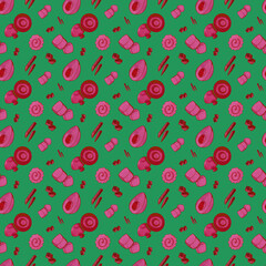 Squared seamless pattern asian food soup ramen and miso isolate on green background. Textured watercolor digital art. Print for fabric, menu, packaging, restaurant, banner, poster