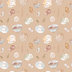 Squared seamless pattern asian food soup ramen and miso isolate on beige background. Textured watercolor digital art. Print for fabric, menu, packaging, restaurant, banner, poster