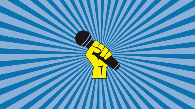 Fist and microphone. Concept of voice of the protest, dj and radio. Animated illustration on blue background