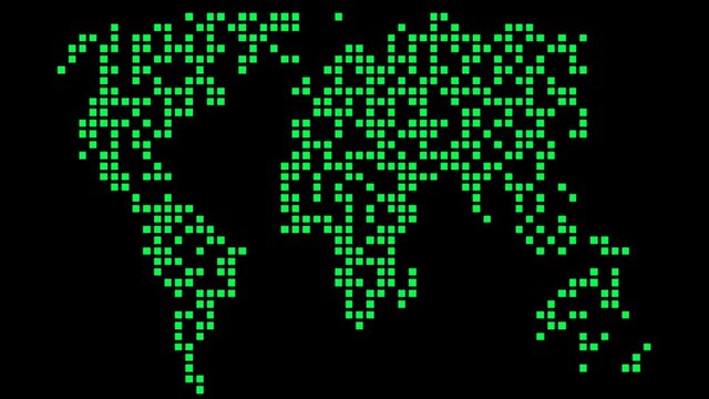 Earth map made with green pixel in a monitor. Switch off the world. Global cyber attack. Alarm with pixels that go out, black out.