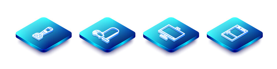 Set Isometric line Blender, Vacuum cleaner, Computer monitor and Refrigerator icon. Vector