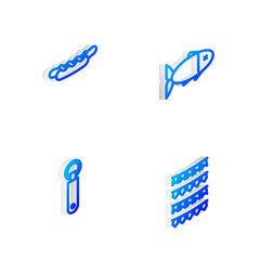 Set Isometric line Fish, Hotdog sandwich, Bottle opener and Carnival garland with flags icon. Vector
