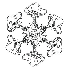 Fototapeta premium Coloring book page for children, Mushroom mandala. Fly agarics . Black and white hand drawn monochrome Vector illustration.