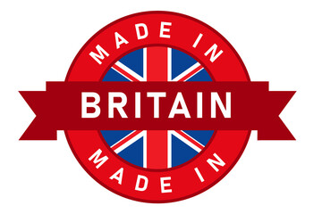 Made in Britain UK United Kingdom england label stamp for product manufactured by company seal golden ribbon and flag