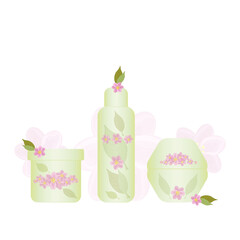 Bottles for cosmetics. The topic of ecology. Containers with floral decoration. Pastel colors