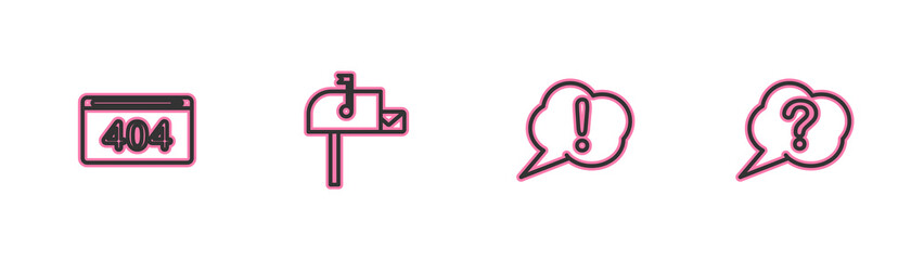 Set line Page with a 404 error, Speech bubble Exclamation, Open mail box and Question icon. Vector