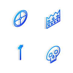 Set Isometric line King crown, Round wooden shield, Medieval chained mace ball and Skull icon. Vector