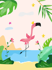 Pink flamingo stands in the water. An exotic bird. Summer vacation. Vector illustration in a flat cartoon style.