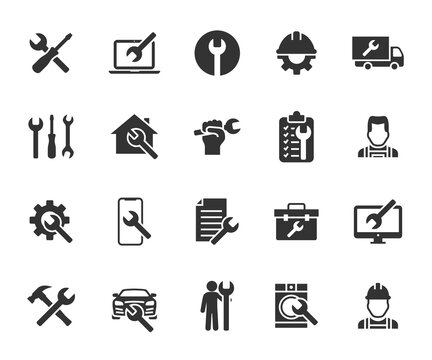 Vector set of repair flat icons. Contains icons device repair, technical support, engineer, tool kit, home repair, maintenance, list works and more. Pixel perfect.