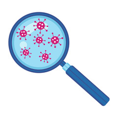 Coronavirus under magnifying glass sign. Magnifier shows viruses or bacteria cells. Optical tool. Detection new strain COVID-19. Prevention, screening infection pneumonia disease. Flat vector