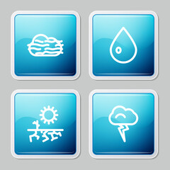 Set line Fog and cloud, Water drop, Drought and Storm icon. Vector