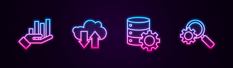 Set line Pie chart infographic, Cloud download and upload, Server gear and Magnifying glass. Glowing neon icon. Vector