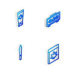 Set Isometric line Digital alarm clock, Medical cream with marijuana, Marijuana joint and Book and or cannabis icon. Vector