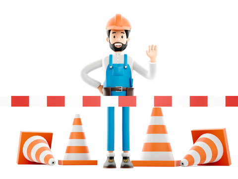 Funny worker or engineer with wrench. Builder plumber cartoon character, isolated icon, website maintenance no entry concept 3d illustration.