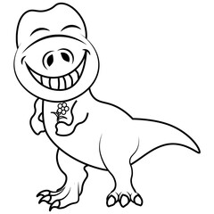 A kind smiling tyrannosaurus with a flower coloring book. Cartoon character on a white isolated background.