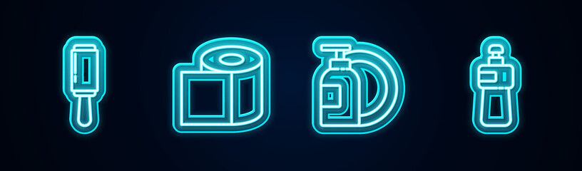 Set line Adhesive roller, Toilet paper, Dishwashing liquid bottle and plate and . Glowing neon icon. Vector
