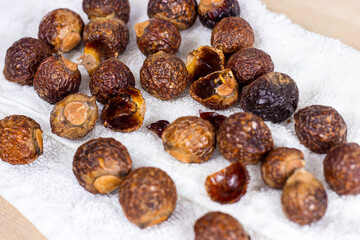 Brown dry soap nuts (Soapberries, Sapindus Mukorossi) for organic laundry and gentle natural skin care on light background.