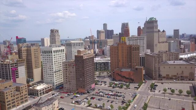 Drone Shot of Downtown Detroit Skyline - Pan Right
