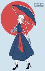 abstract blue and orange fashion illustration woman with umbrella