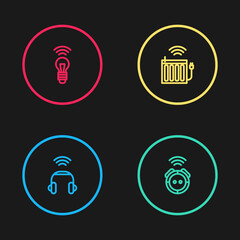 Set line Smart headphones, Robot vacuum cleaner, heating radiator and light bulb icon. Vector