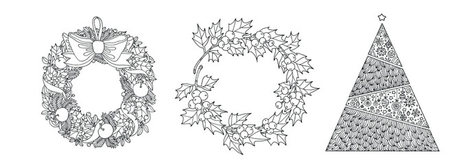 Christmas tree, wreath and holly berries border. Ribbons, pine tree, forest holly berry, apple fruit. Vector hand drawn line artwork. Winter Holiday concept. Coloring book page. Black and white