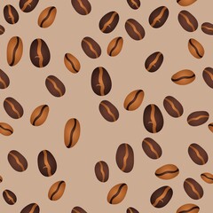 Seamless pattern with coffee beans. Arabica and robusta coffee of different sizes and colors are scattered in the background. 