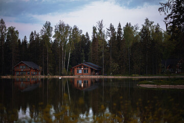Obraz premium a lake on which a white swan swims and wooden houses on the shore.