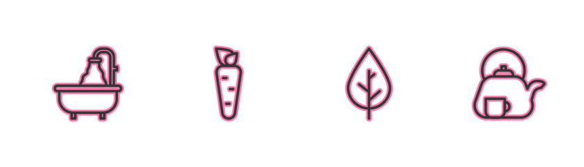 Set line Bathtub, Leaf, Carrot and Teapot with cup icon. Vector