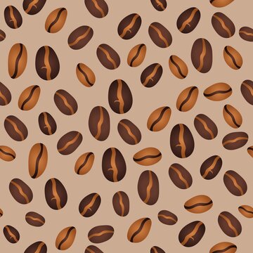 Seamless pattern with coffee beans. Coffees of different sizes and colors are randomly placed in the background. Arabica and robusta. 