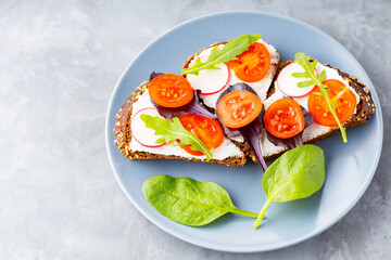 Fototapeta na wymiar Delicious toasted sandwiches with cream cheese, cherry tomatoes and radish on gray plate. Sandwiches with cream cheese and fresh herbs on gray background. Copy space. Top view